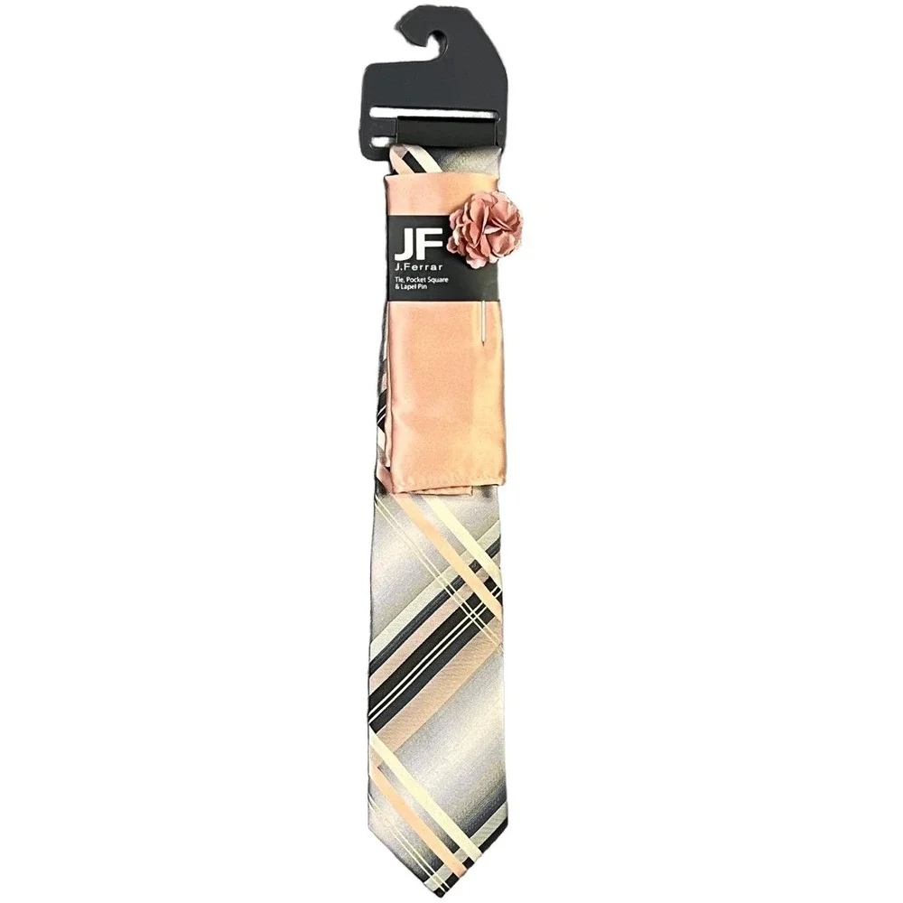 JF J Ferrar Tie 3PC Set‎ Plaid Pattern Grey Pink Modern Necktie Pocket Square OS